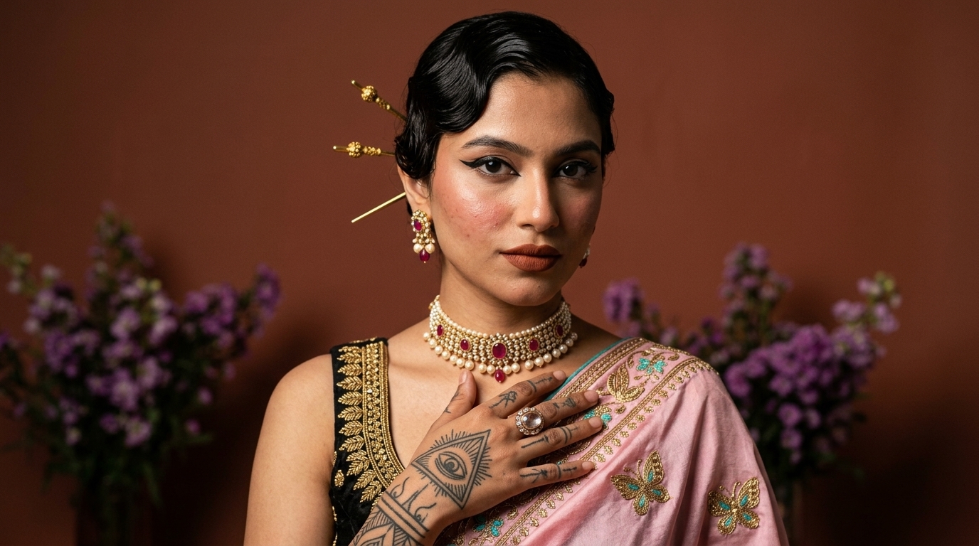 Woman with finger waves and a tattooed hand in a pink saree