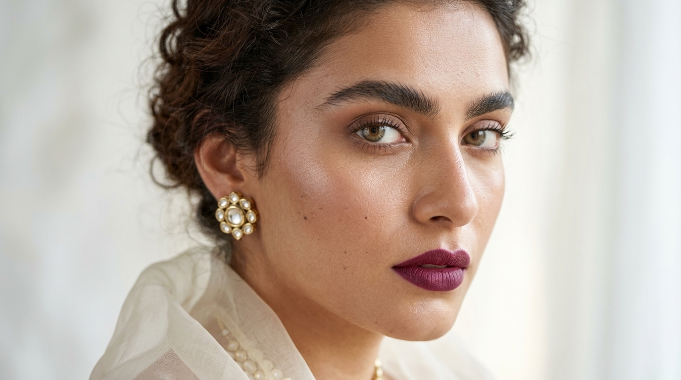 Close-up portrait with berry-plum lipstick and pearl earrings