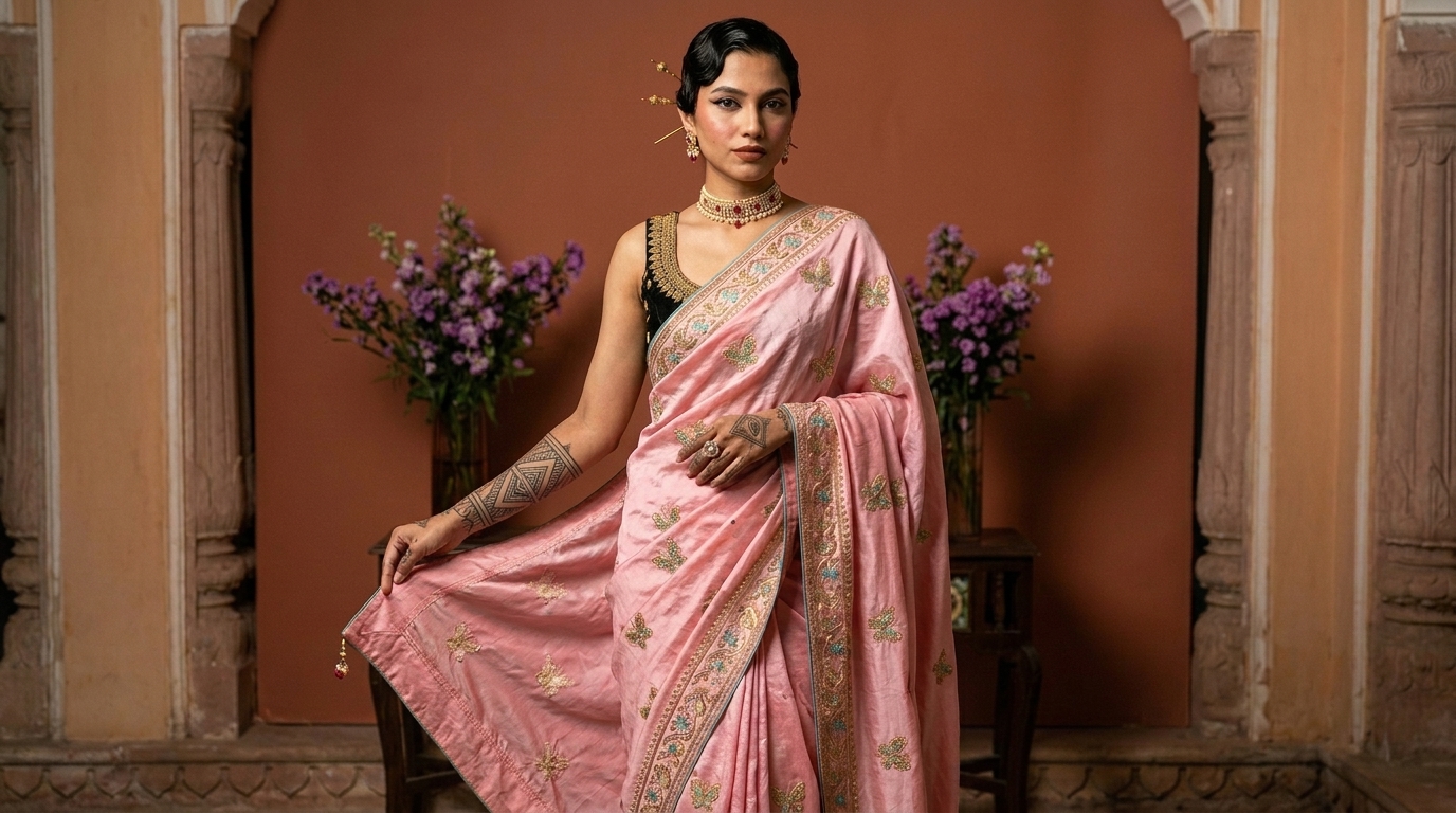 Woman in a pink saree standing between carved pillars