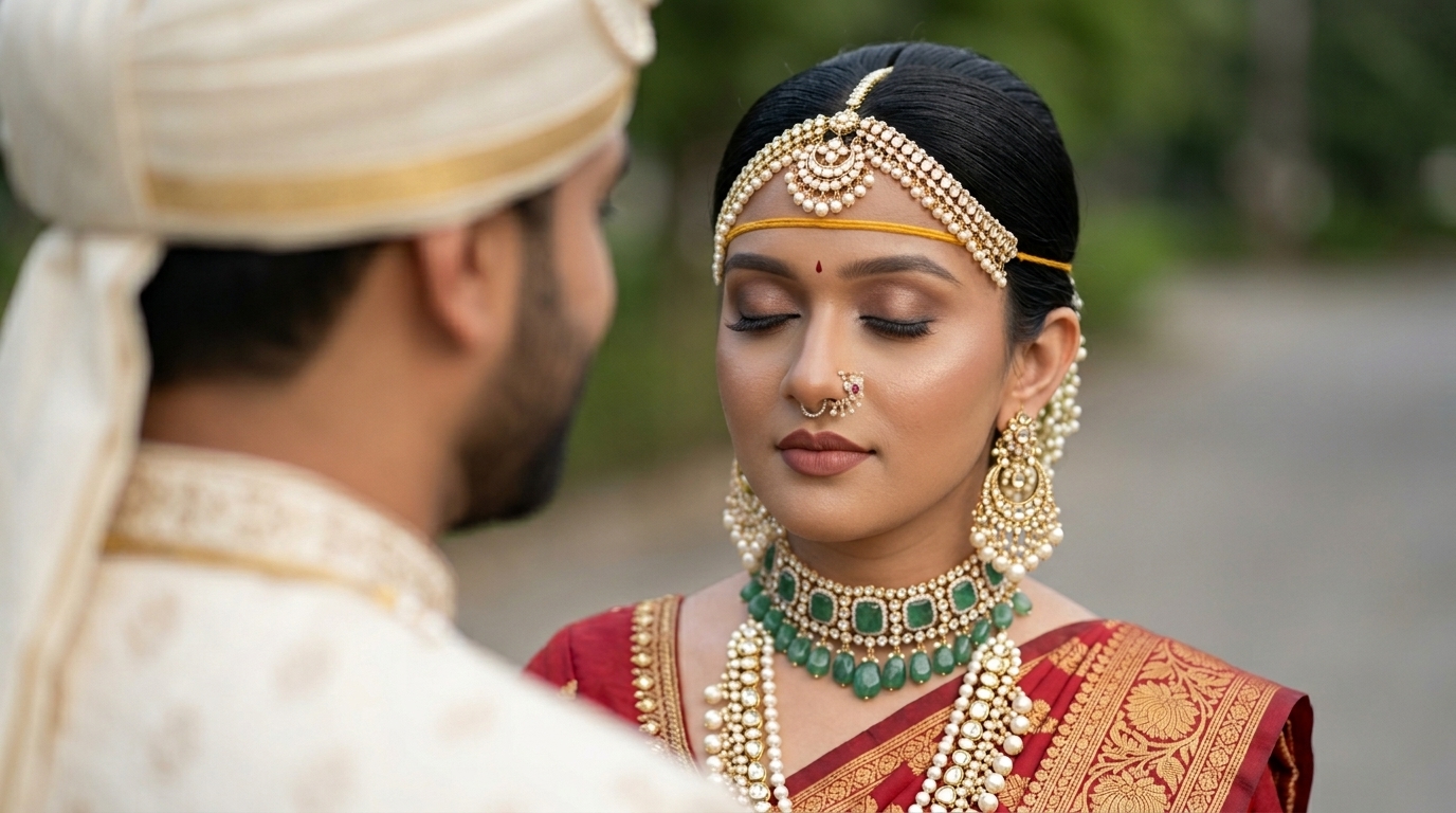 Bride in a gold matha patti and emerald necklace beside the groom