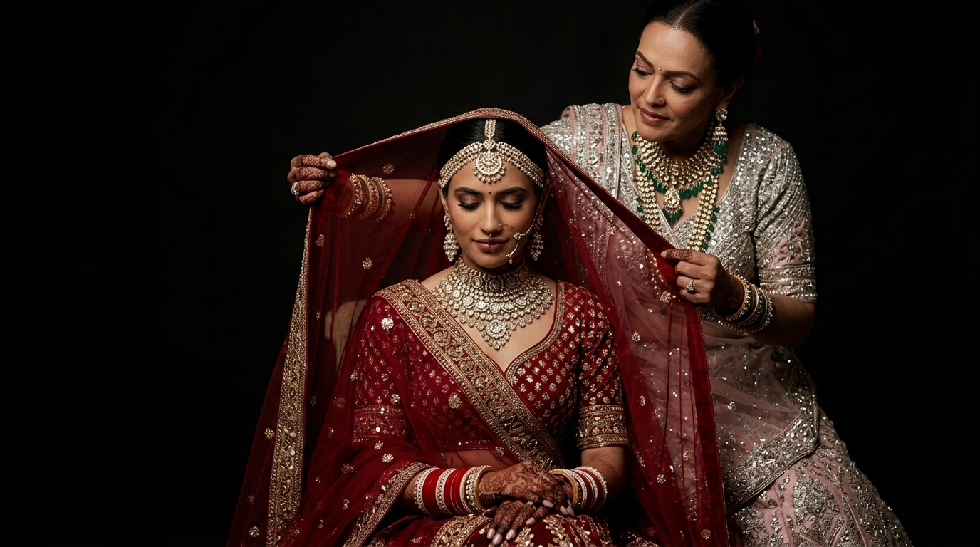 Mother placing a red dupatta over a bride in a red lehenga