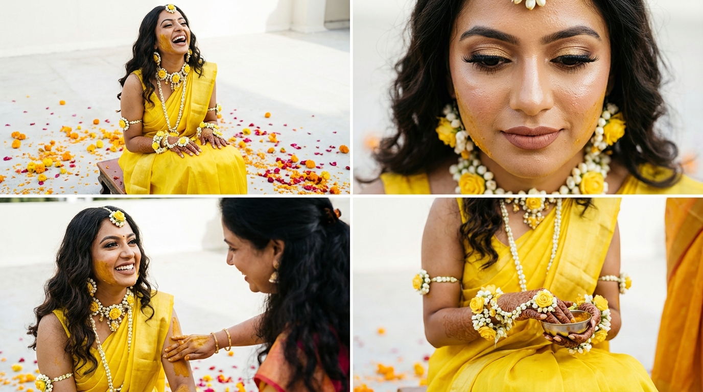 Bride in yellow at her Haldi ceremony, shown in four frames