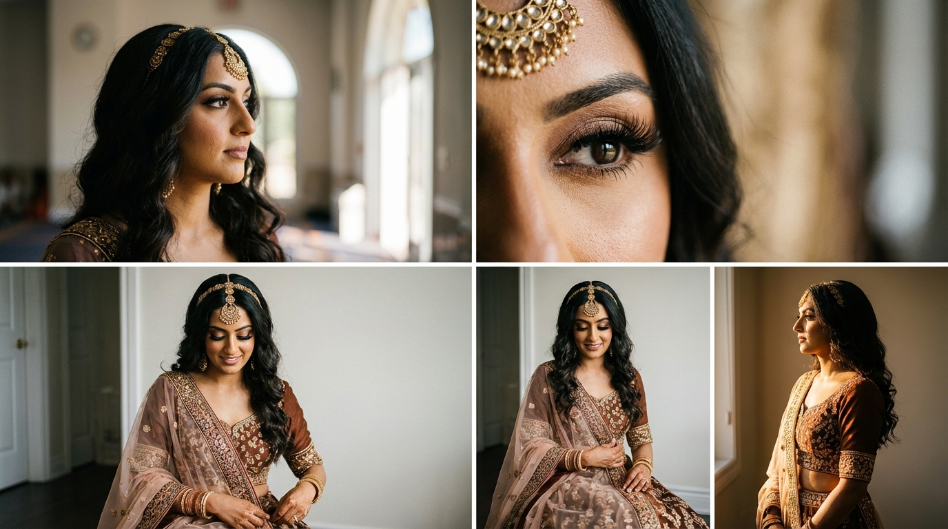 Bride in a blush lehenga and maang tikka, shown in five frames