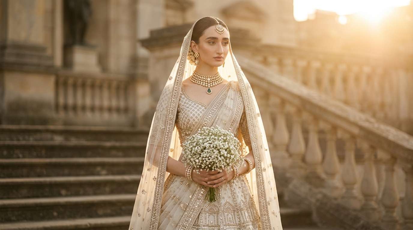 Bride in an ivory lehenga and veil holding a bouquet on a stone staircase at sunset