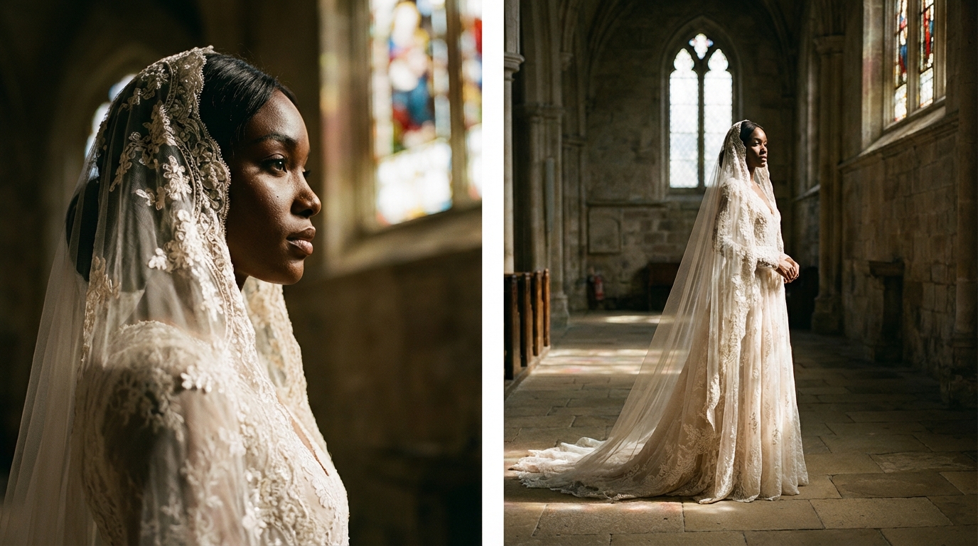 Bride in a lace gown and long veil inside a chapel, shown in two frames