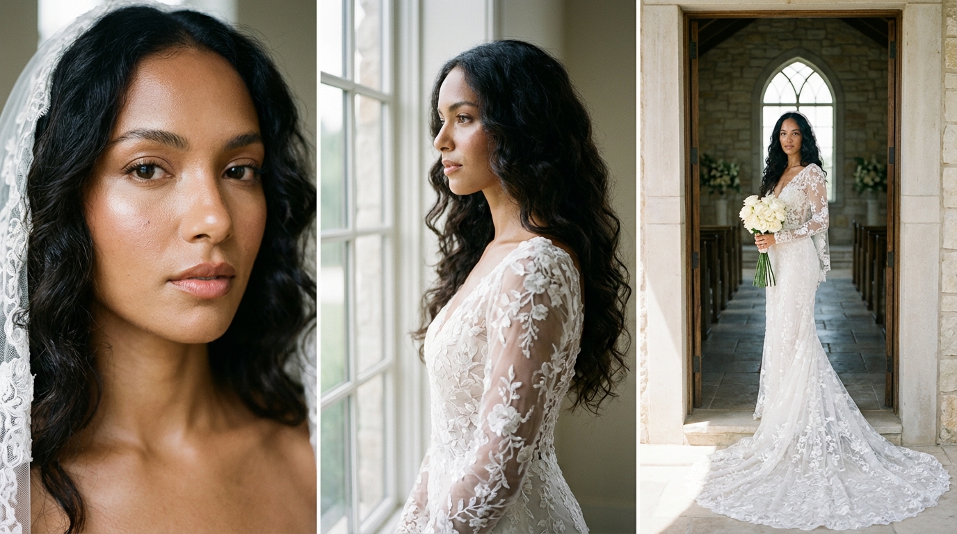 Bride in a white lace gown with loose curls, shown in three frames
