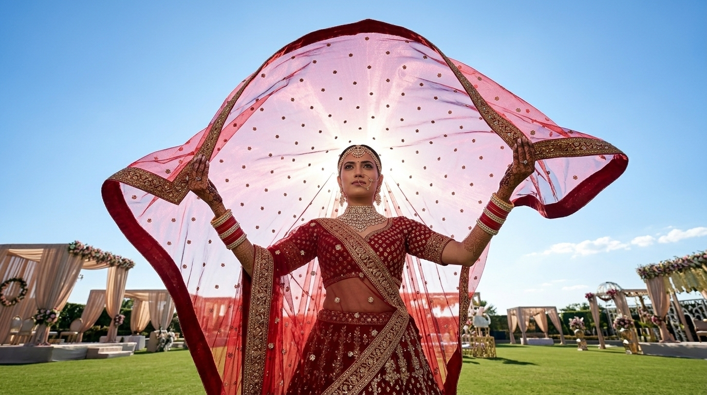 Bride in a red lehenga holding a sheer red dupatta overhead against a blue sky