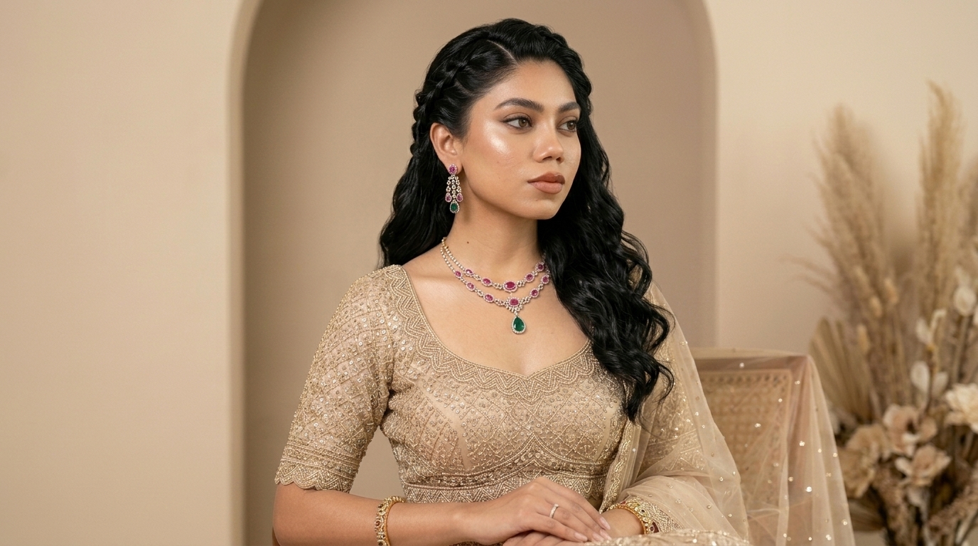 Woman in a gold embellished outfit with a side braid and emerald pendant