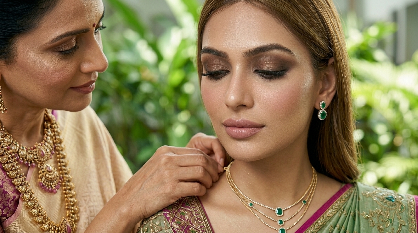Necklace being fastened on a woman with brown smoky eye makeup
