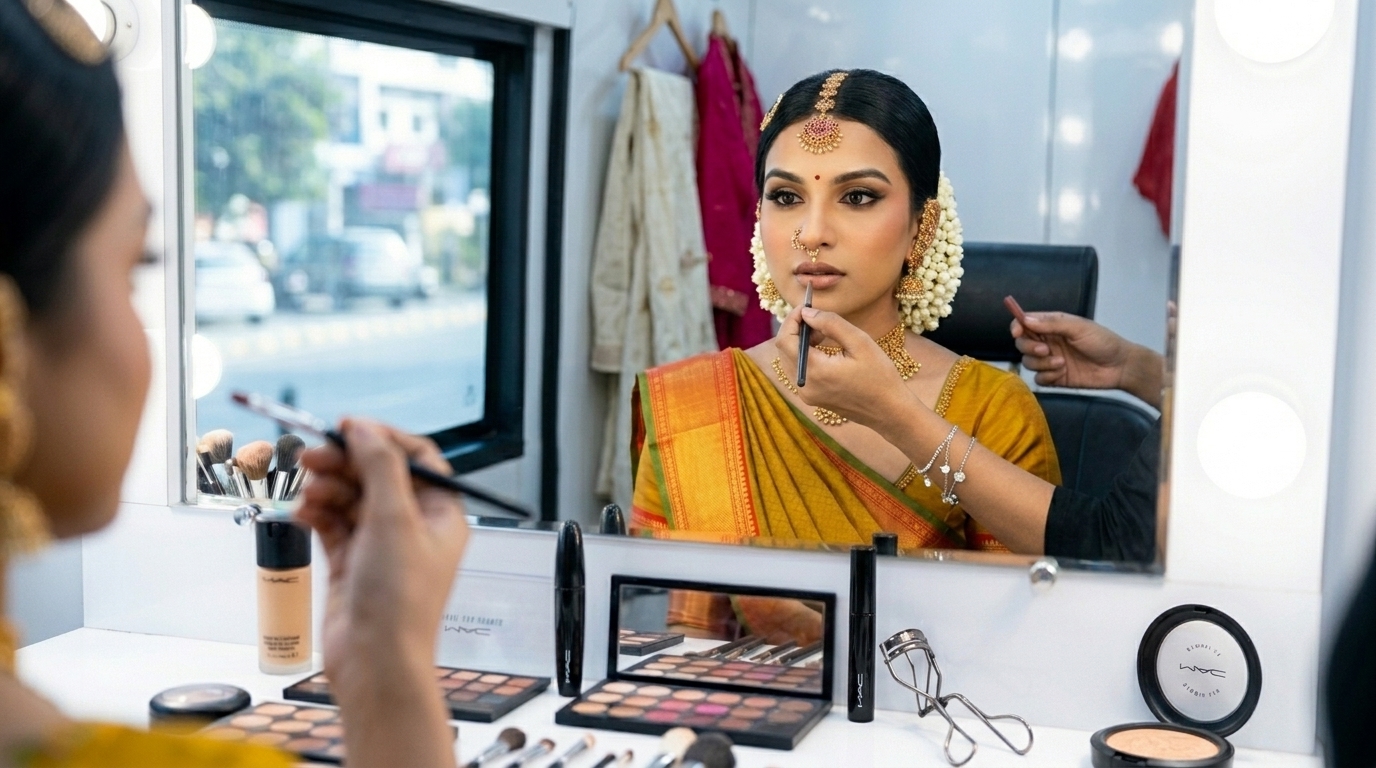Makeup artist working on a woman in a yellow saree at a lit mirror