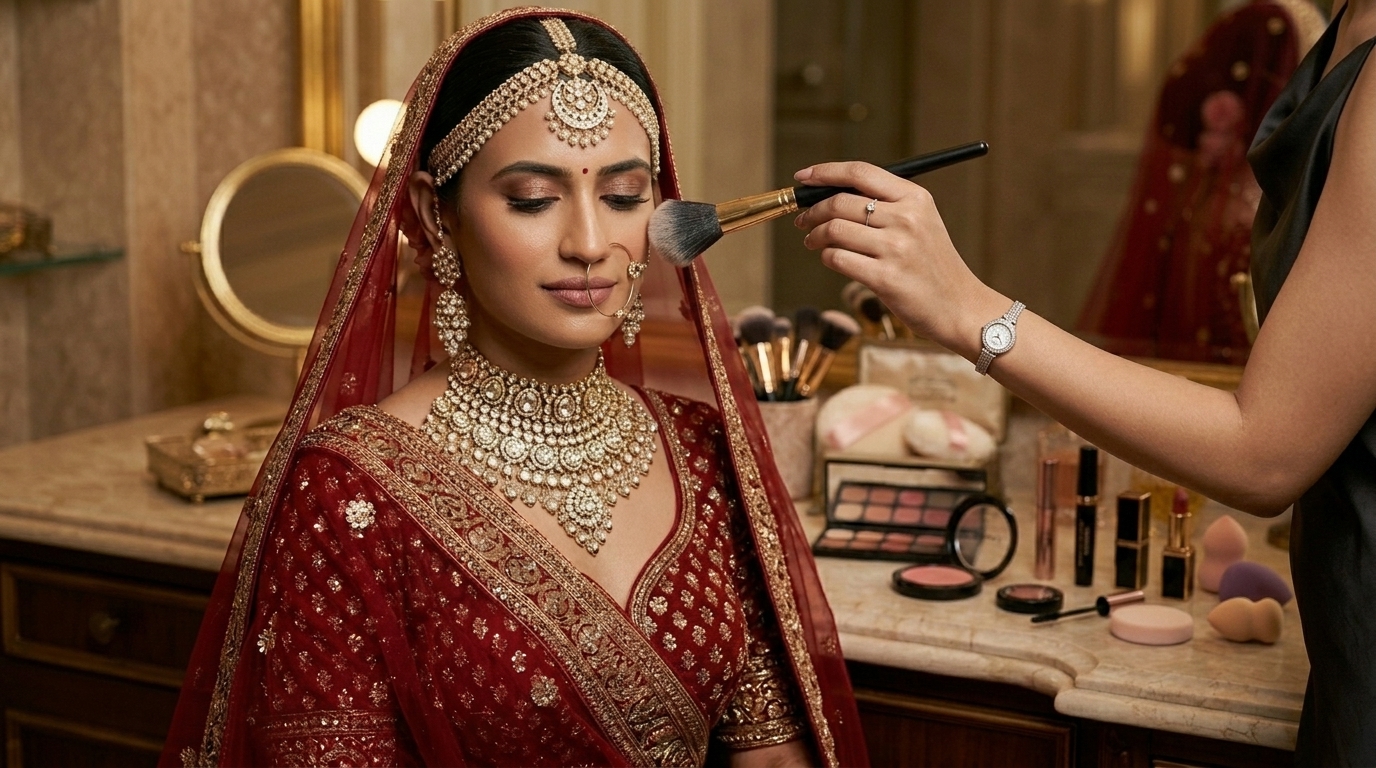 Makeup artist touching up a bride in a red lehenga with a brush