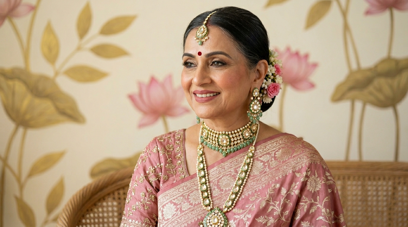 Smiling woman in a pink Banarasi silk saree and kundan jewellery