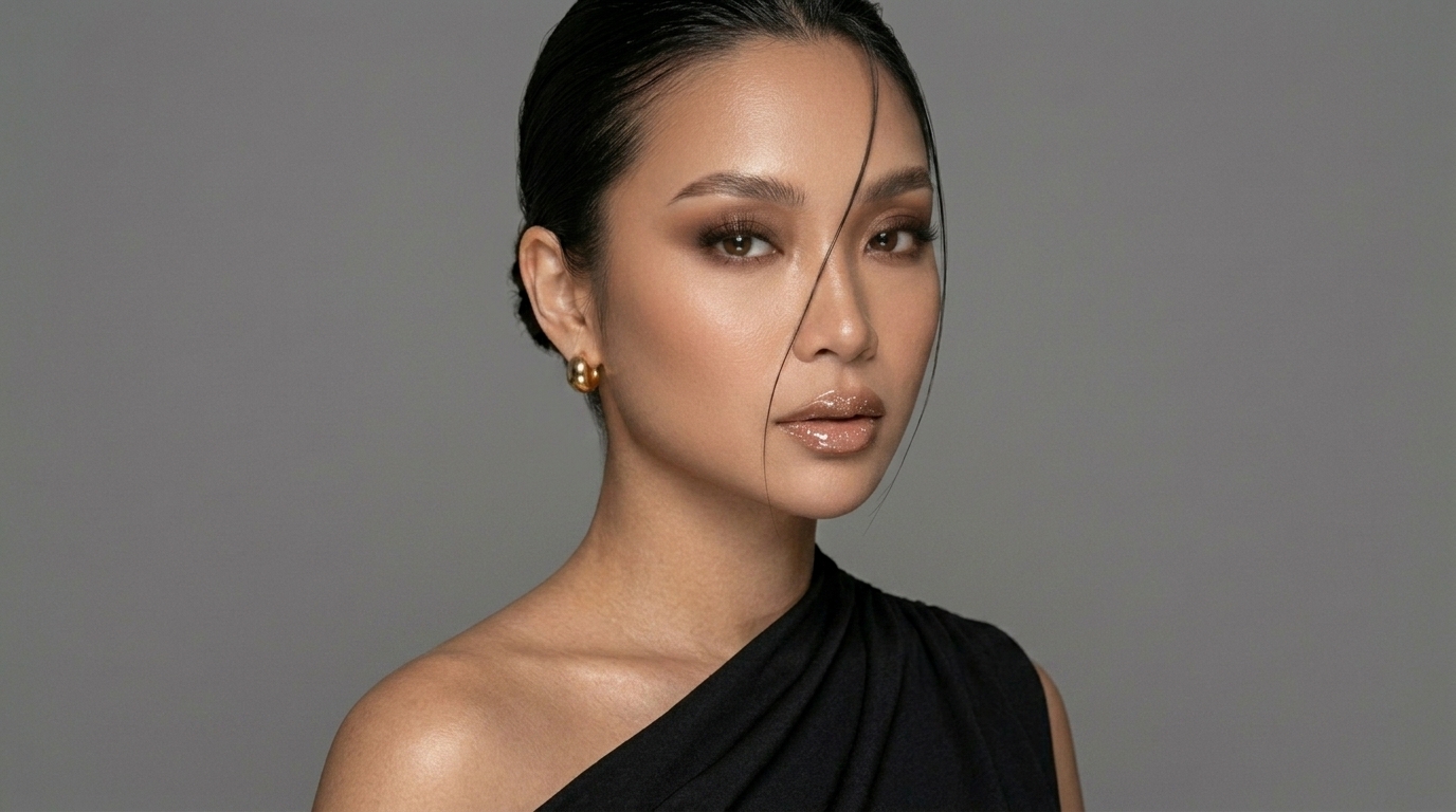 Portrait with sleek hair, bronzed skin and a black one-shoulder top