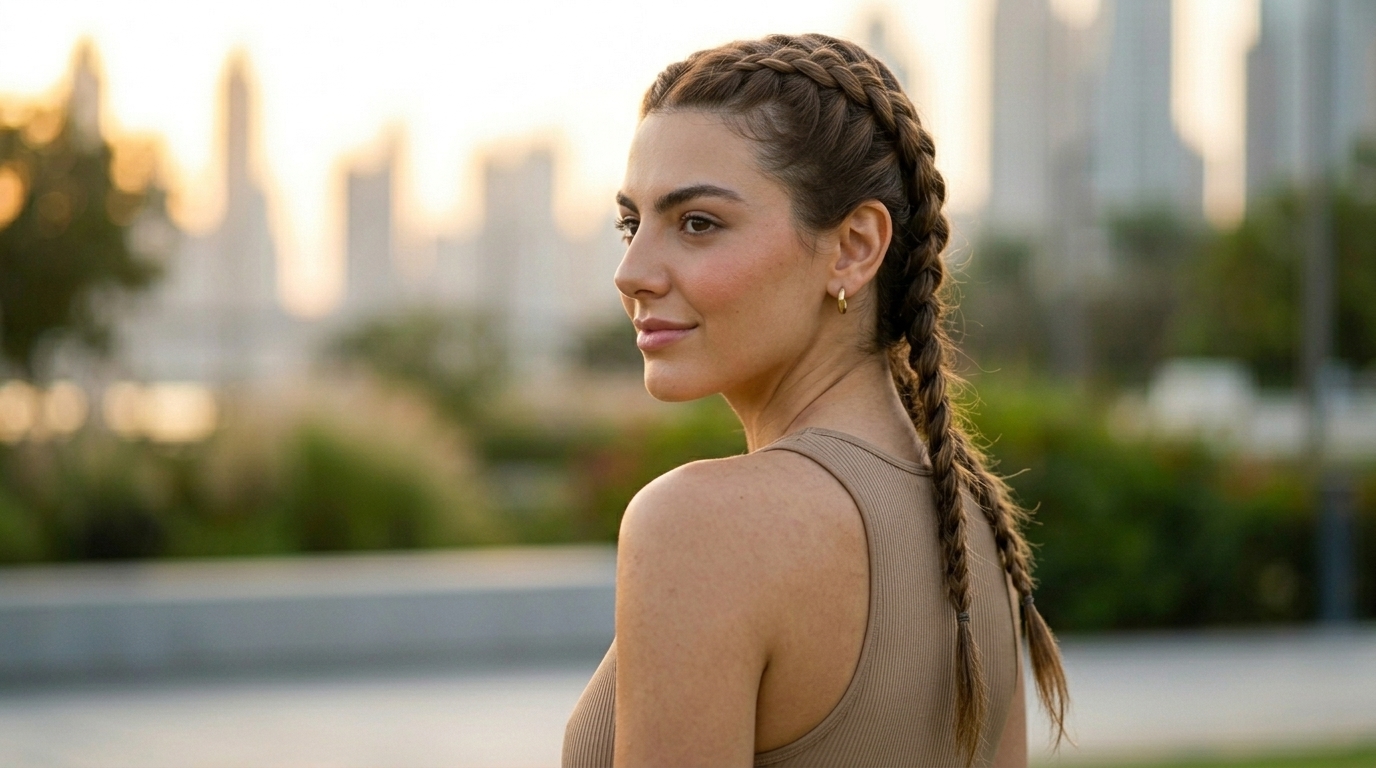 Woman with long braids looking back, a city skyline behind her