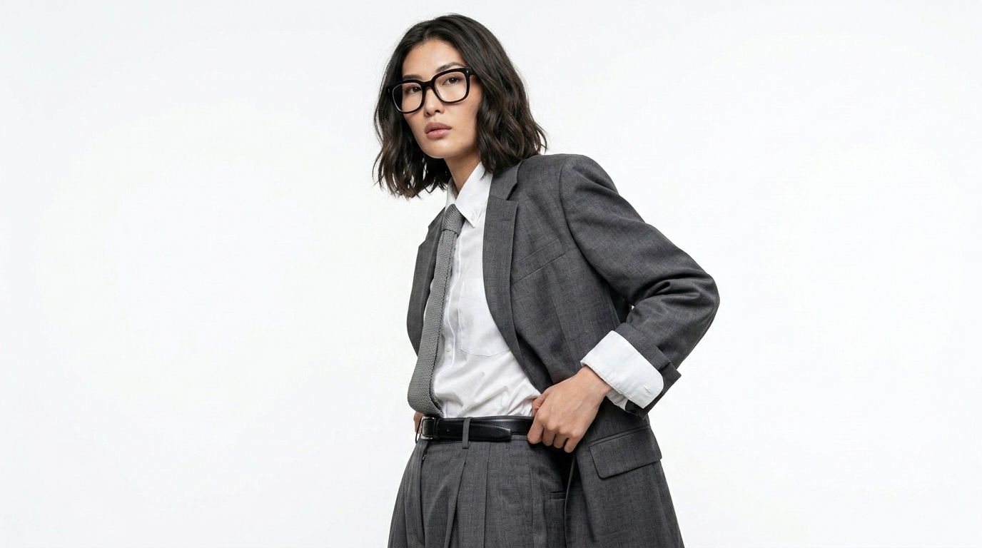 Model in a grey suit, tie and glasses on a white background