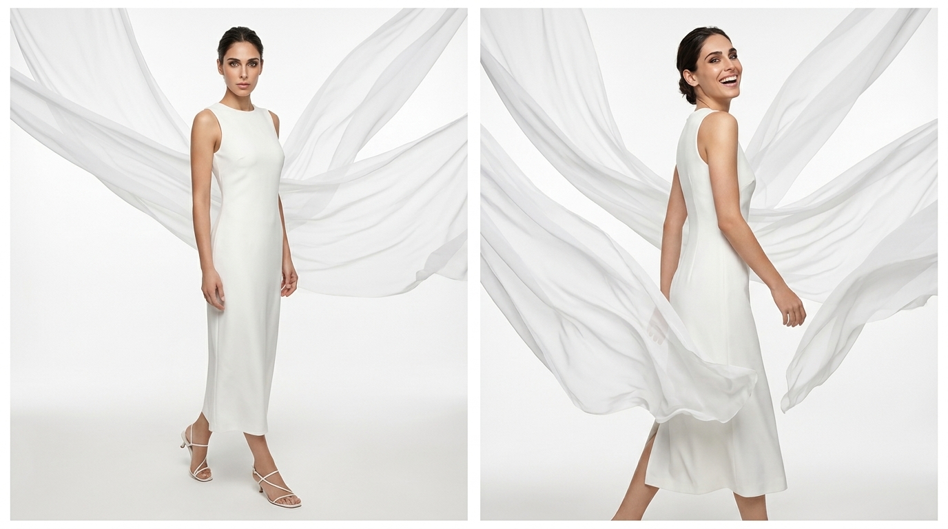 Model in a white dress with flowing fabric, shown in two frames