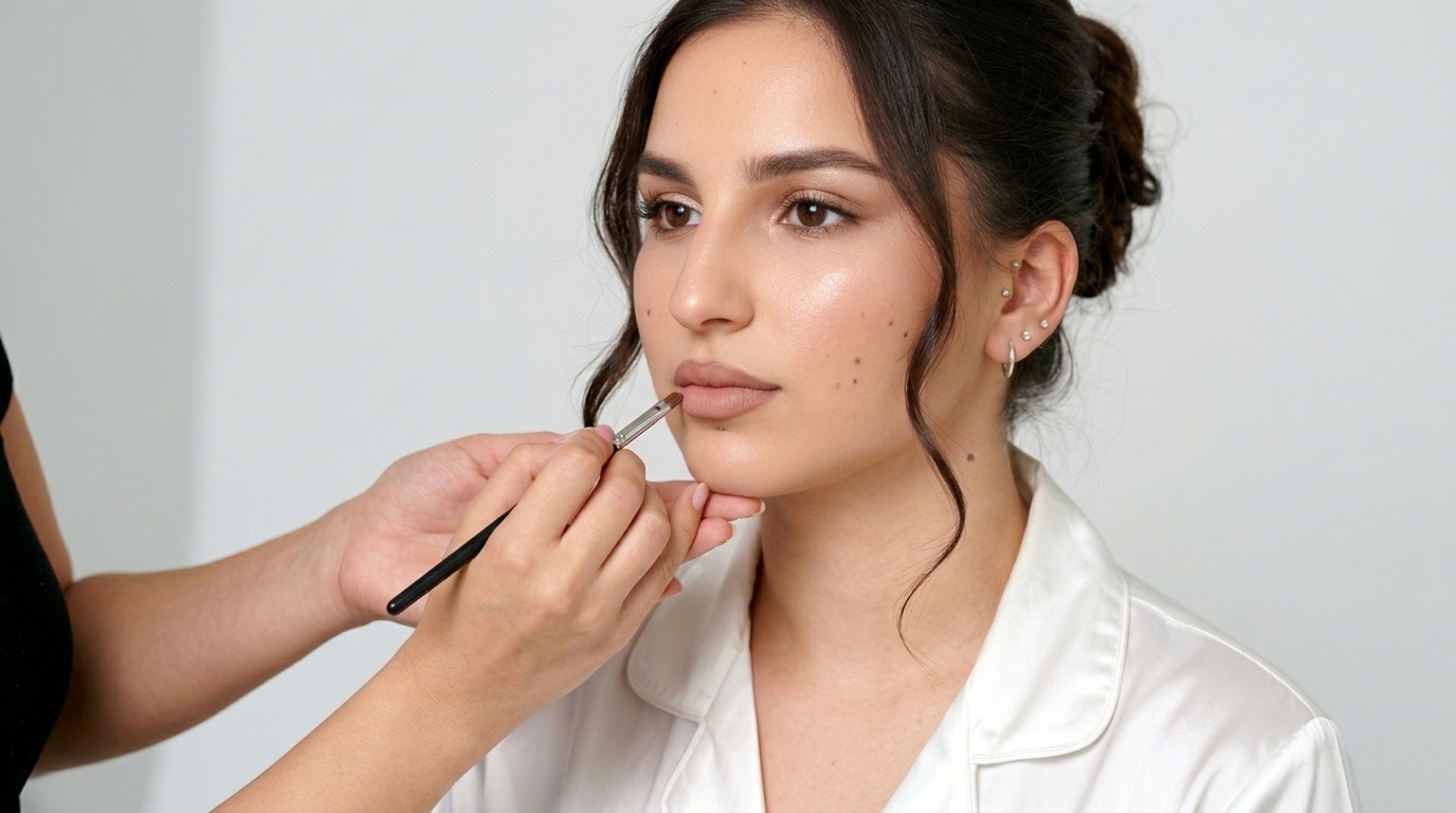 Makeup artist applying lip colour for a commercial production