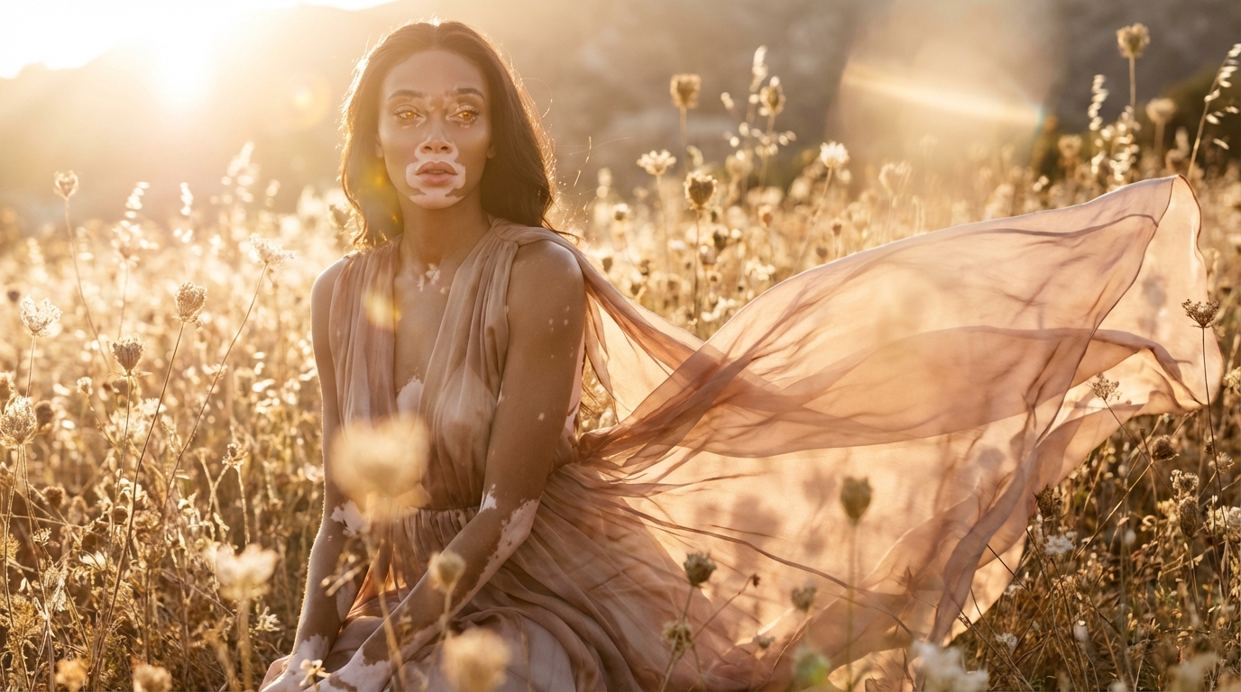 Model in a flowing blush dress in a field of dried flowers at sunset