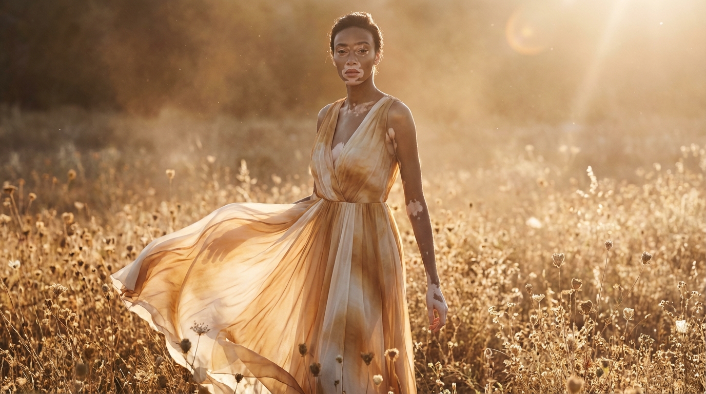 Model walking through dried flowers in a flowing dress at golden hour