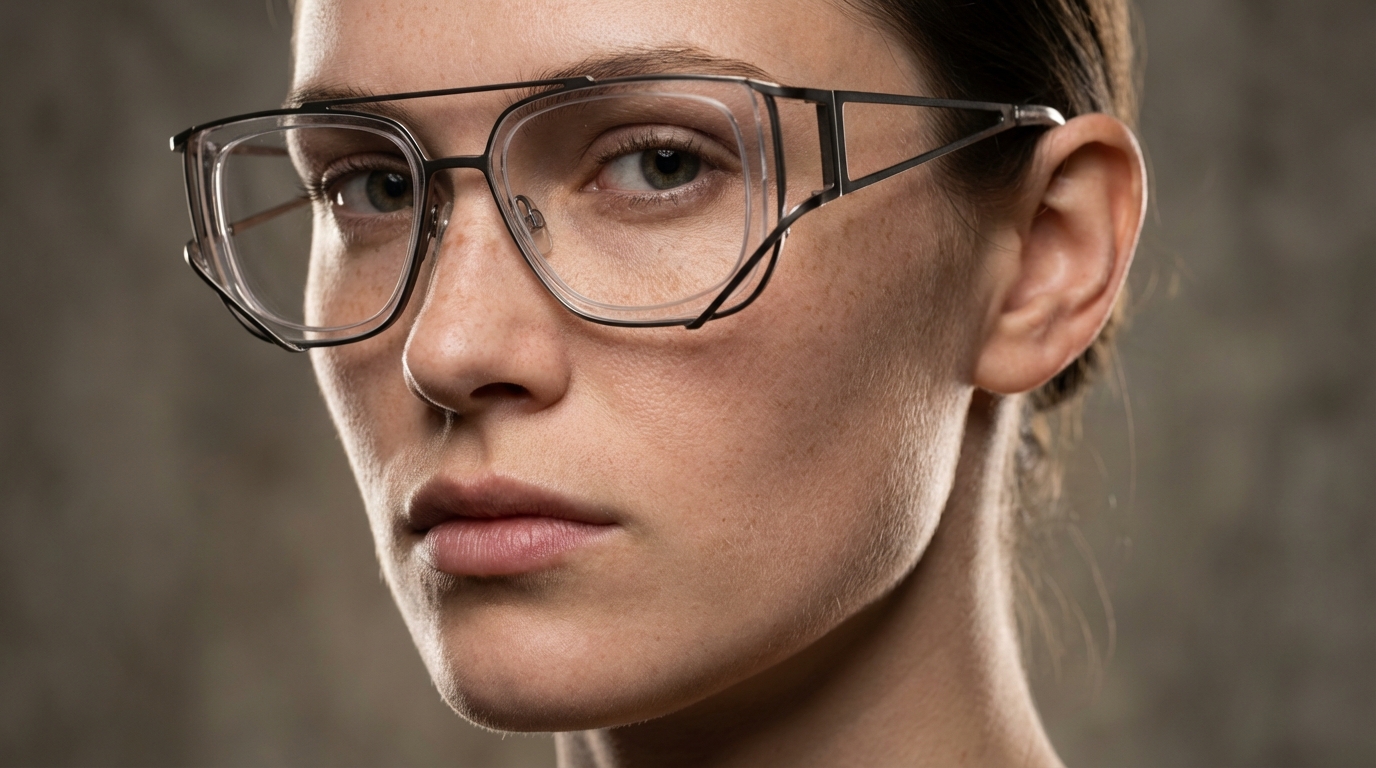 Close-up of a model in sculptural metal eyewear