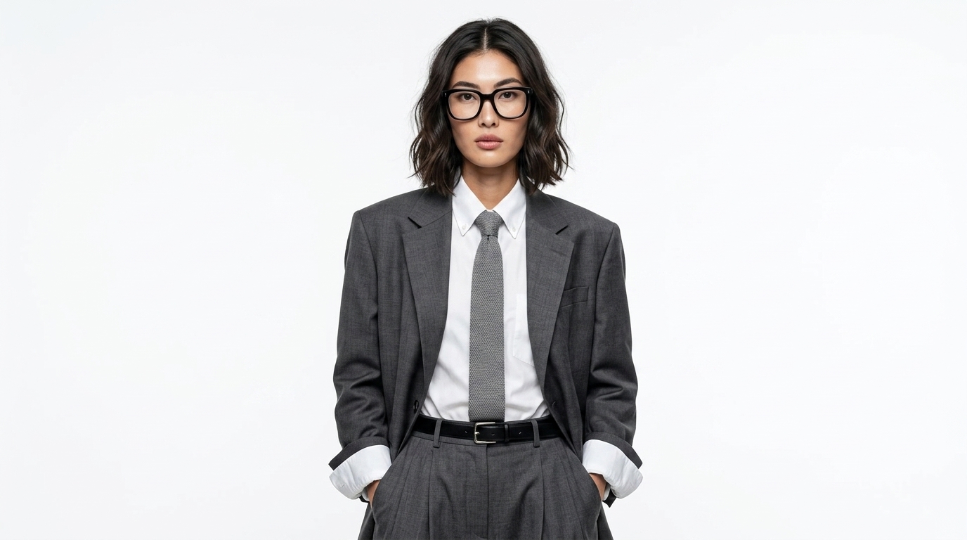Campaign portrait with tailored grey suit and statement eyewear