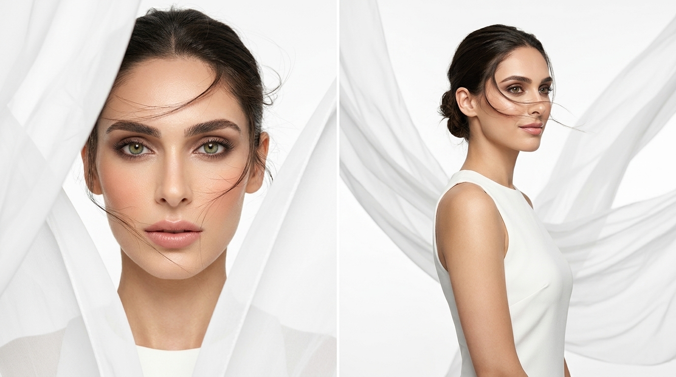 Model with sleek hair and white flowing fabric, shown in two frames