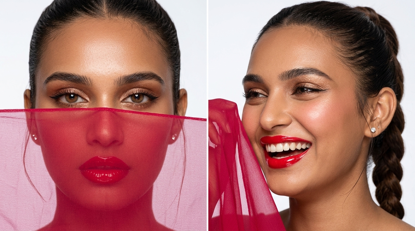Beauty portrait with red lips and a sheer red veil, shown in two frames