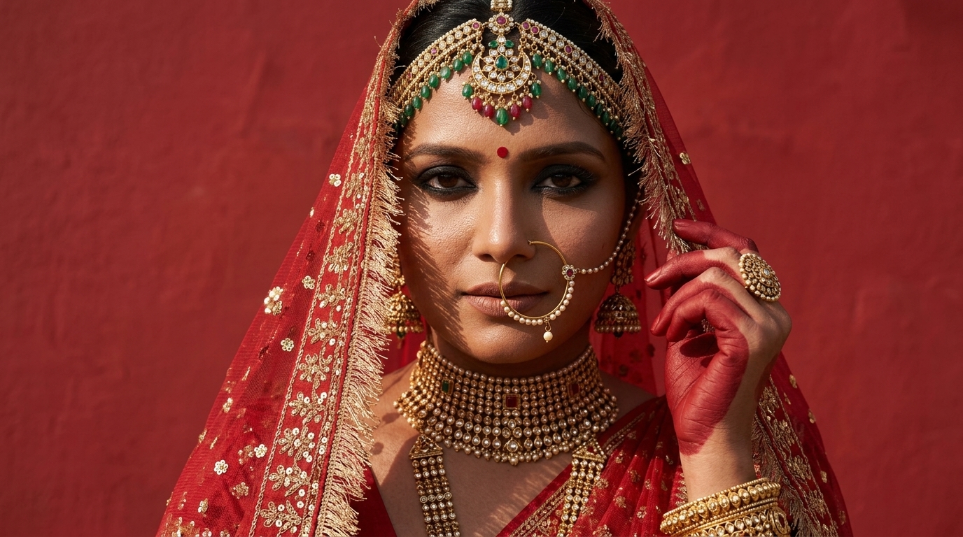 Bride in a red dupatta and kundan jewellery against a red wall