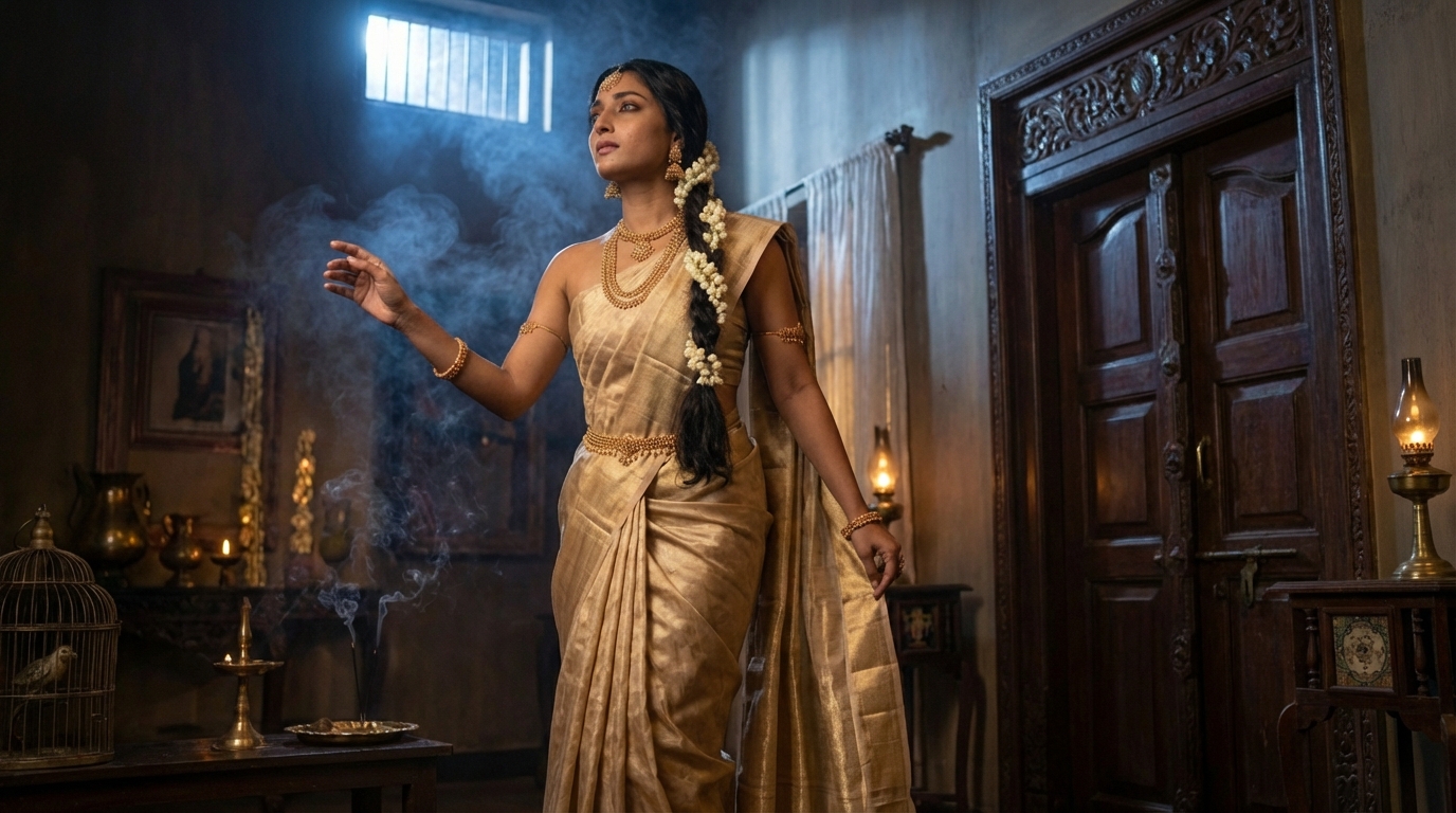 Woman in a gold saree in a smoky, moodily lit heritage room