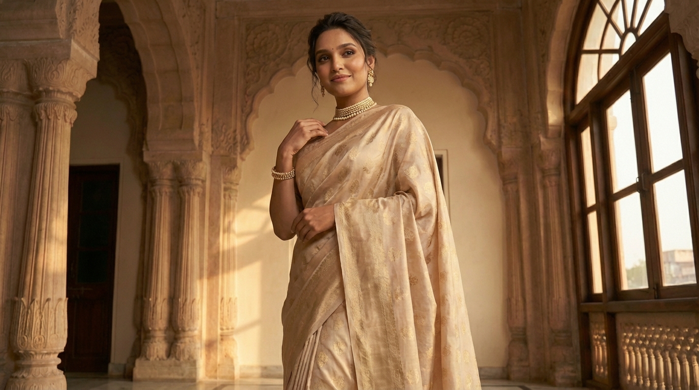 Woman in a beige saree in a sunlit arched hallway