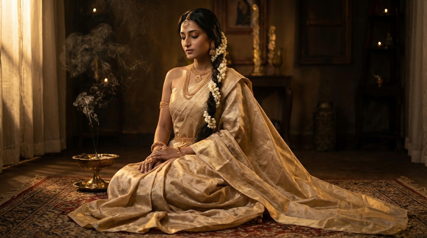 Woman in a gold saree seated on the floor of a lamplit room
