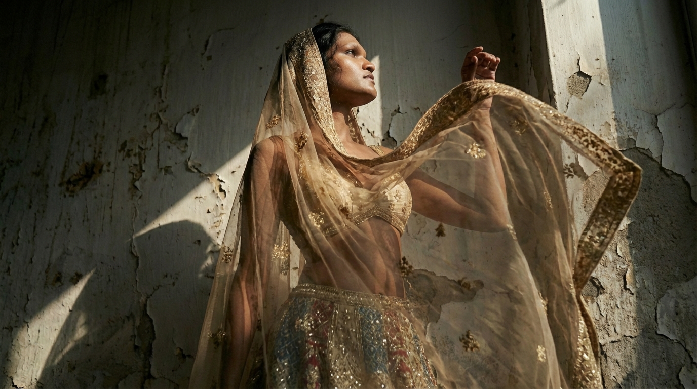 Woman holding up a sheer gold dupatta against a weathered wall
