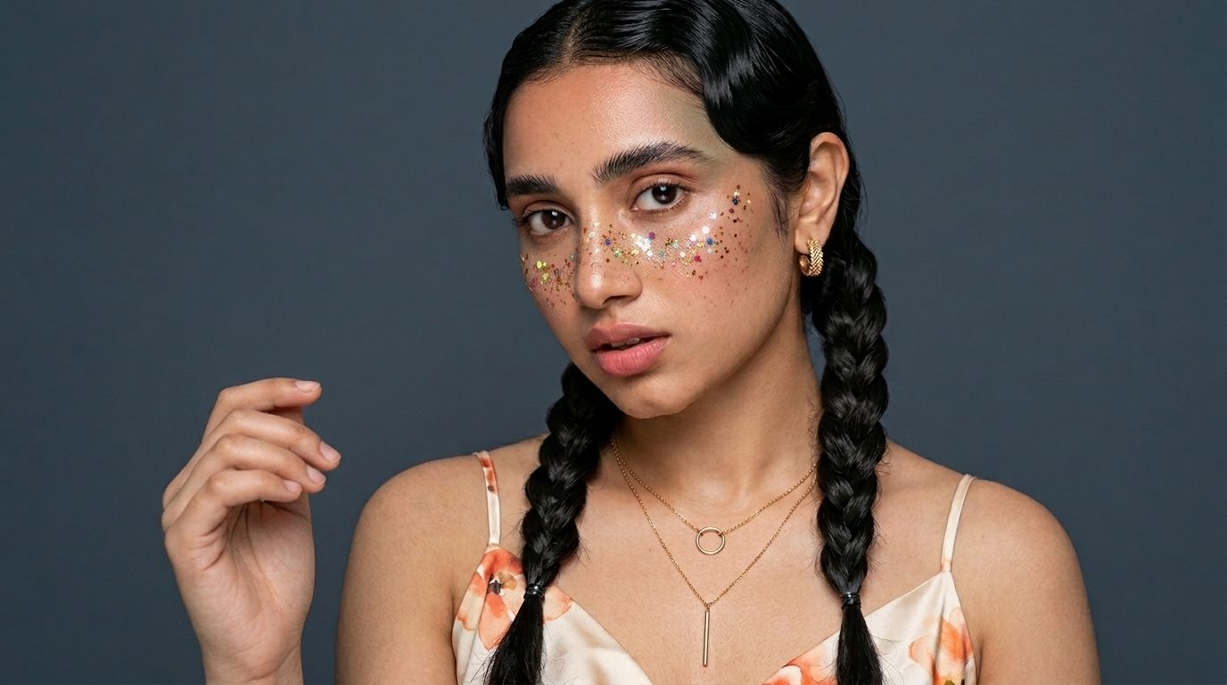 Woman with braids and glitter freckles on a dark blue backdrop