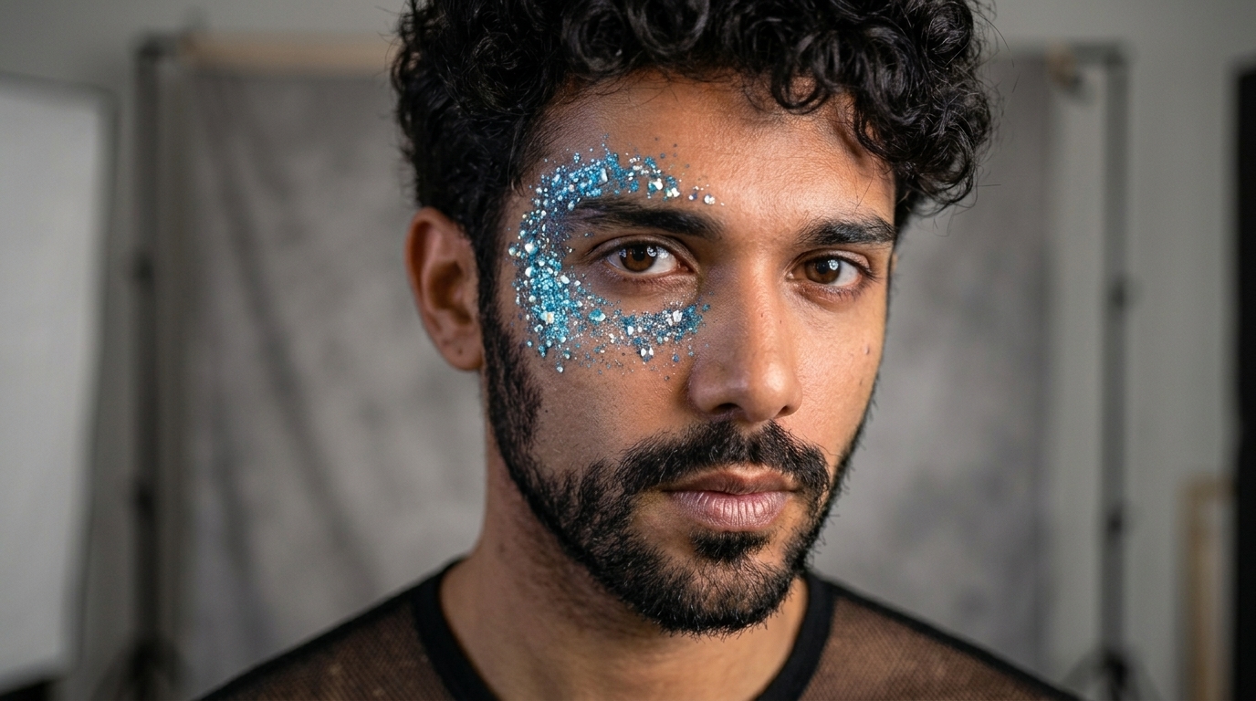 Man with blue glitter face art around one eye
