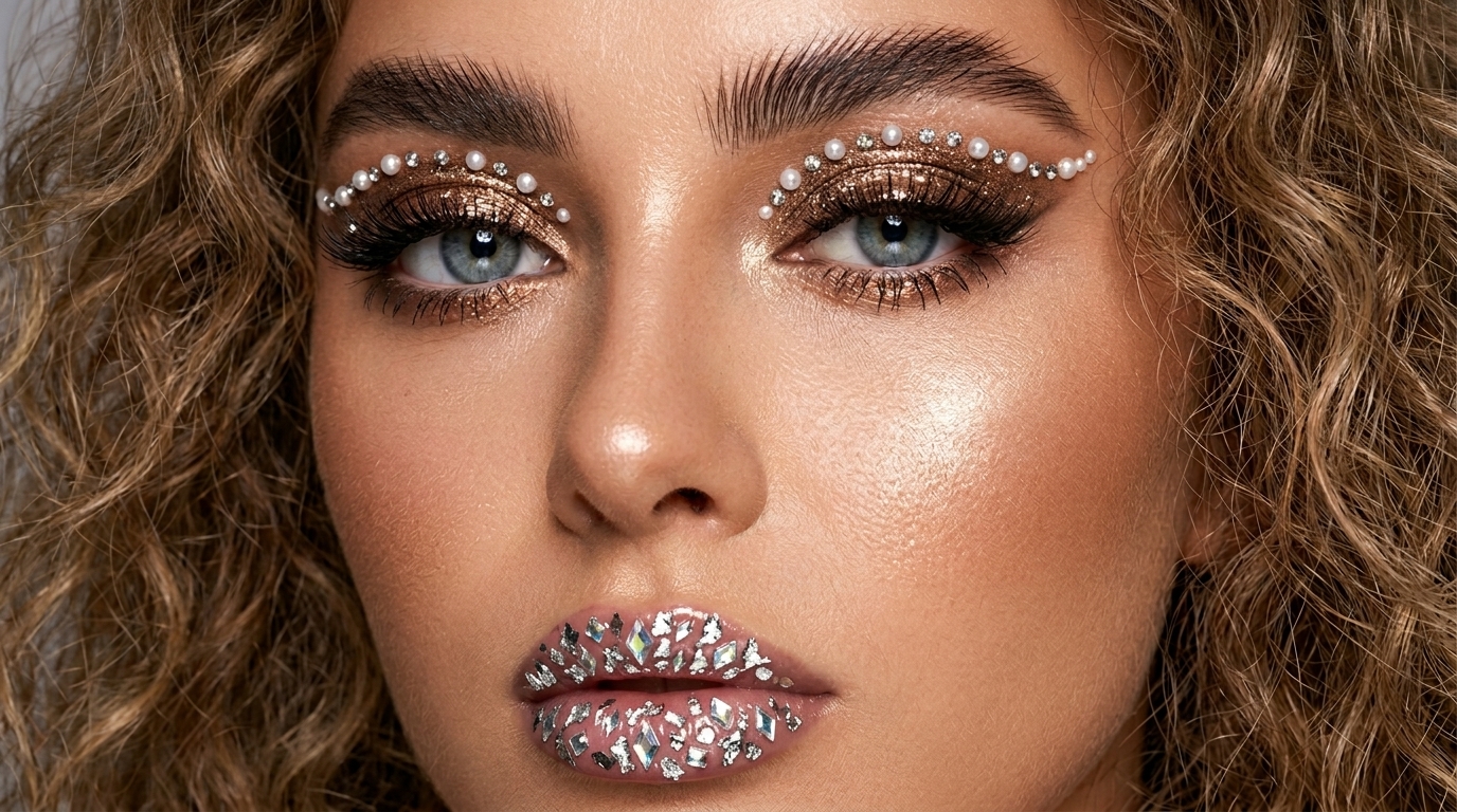 Macro beauty shot of crystal-embellished lips and eyes