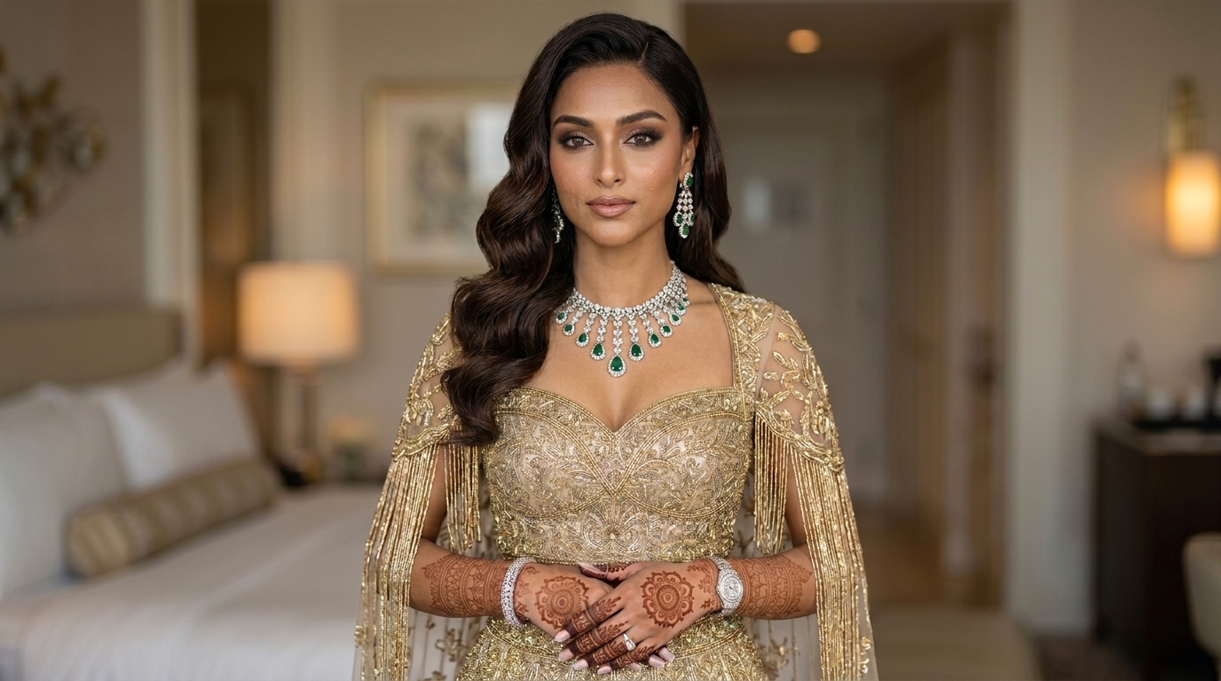 Woman in a gold lehenga and diamond necklace in a hotel room