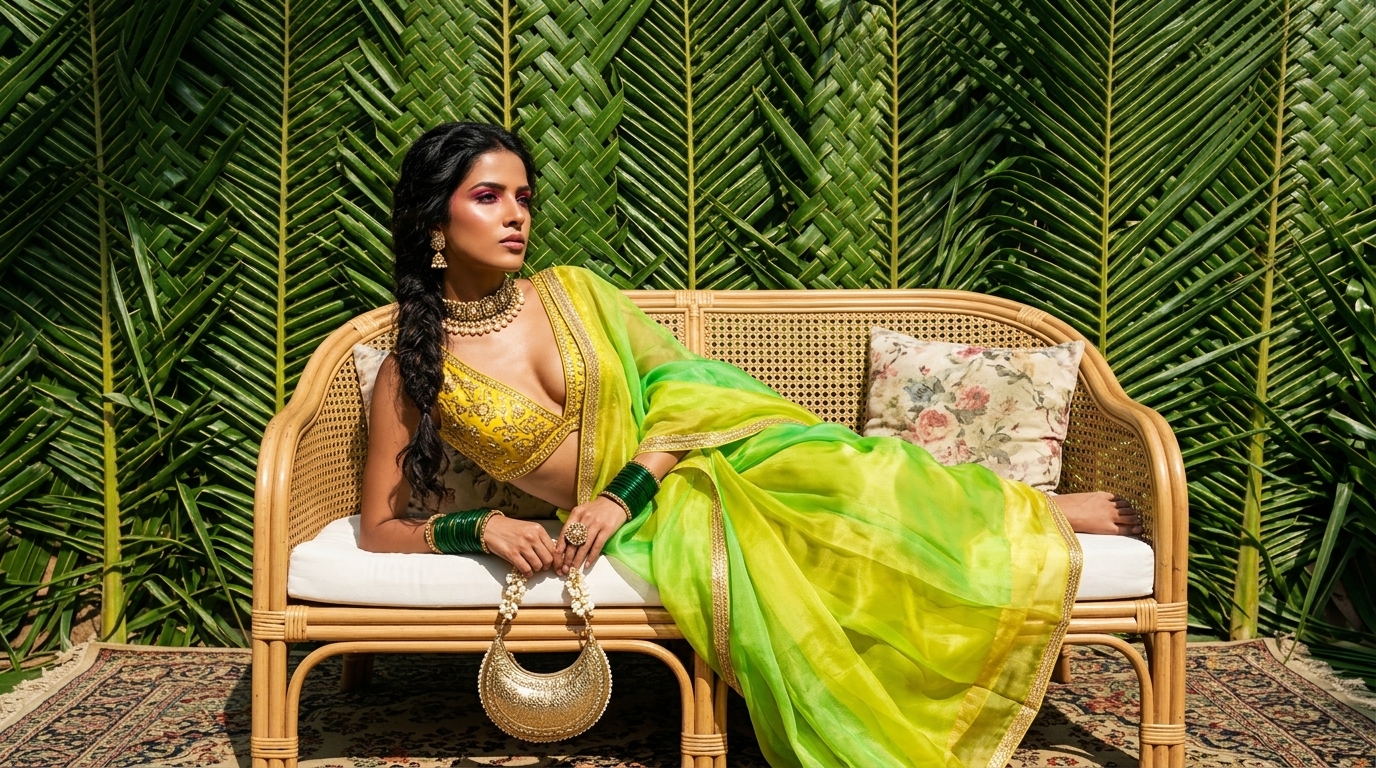 Model in a lime saree lounging on a rattan sofa before palm leaves