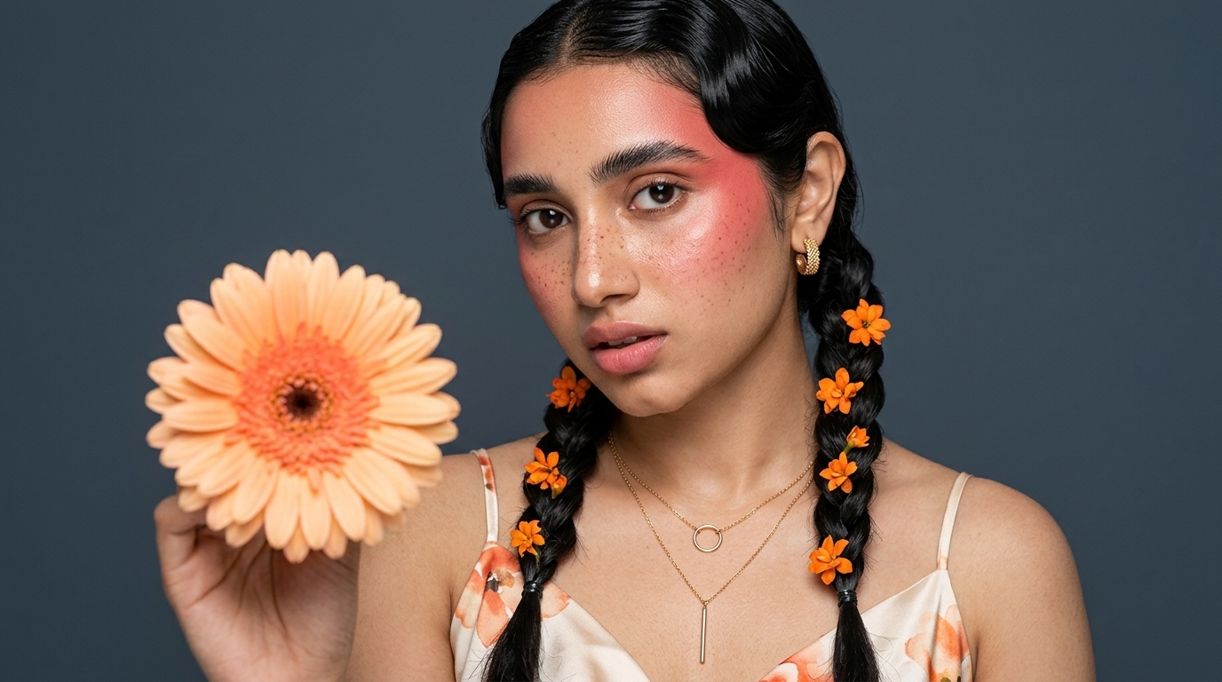 Woman with braids and flushed cheeks holding a peach gerbera